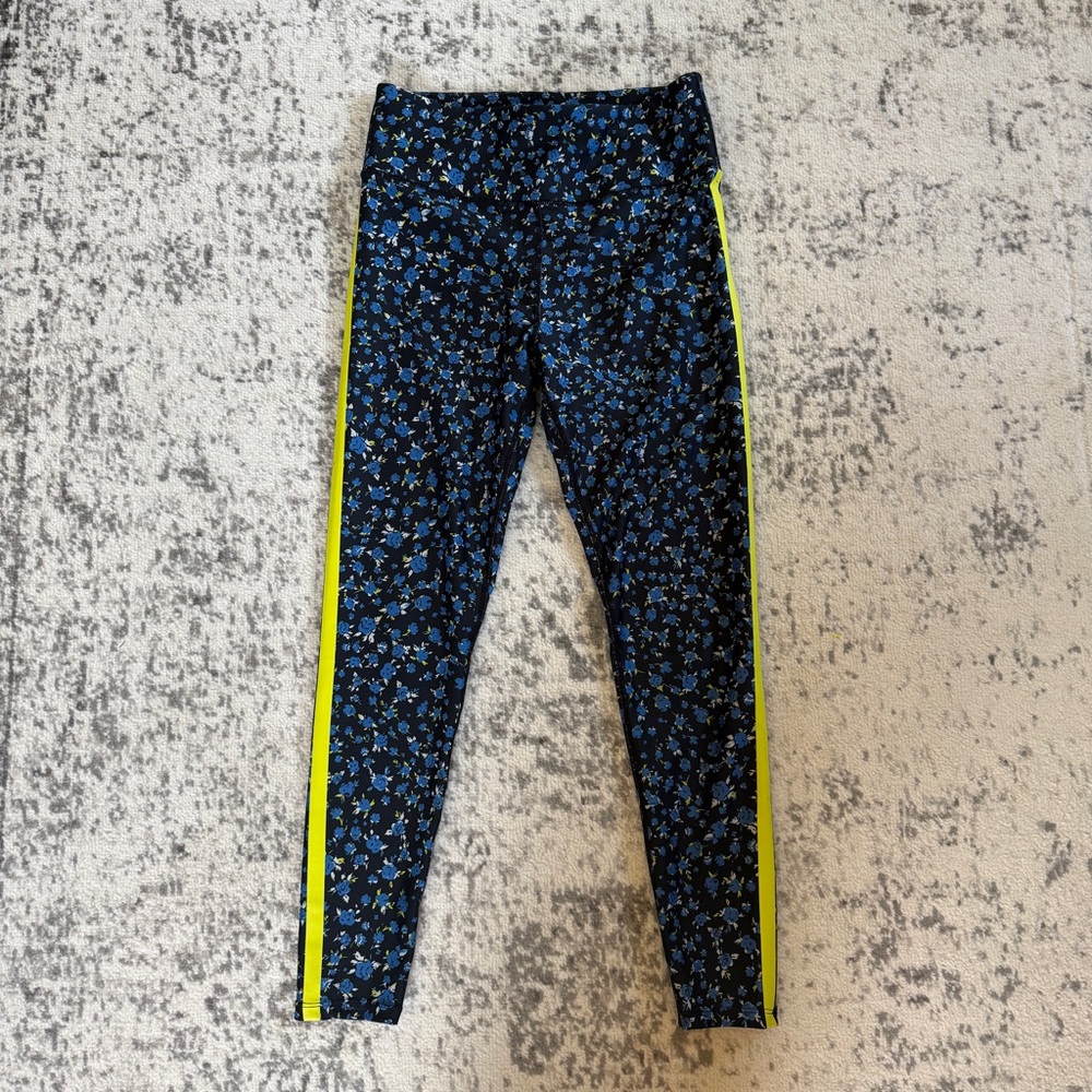 SoulCycle Blue and Yellow Workout Leggings, Floral Print Bold Side Stripe